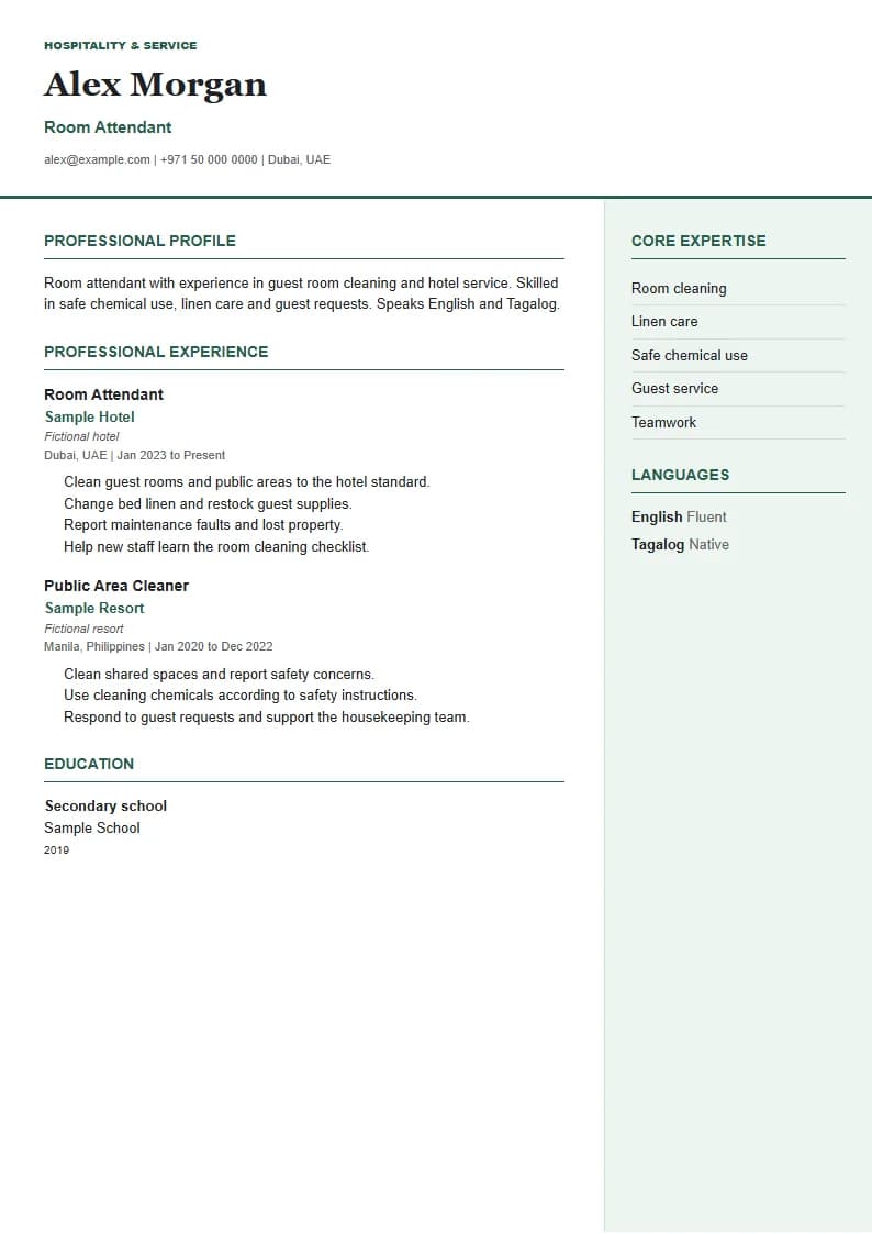 Finished fictional room attendant CV in the Service design
